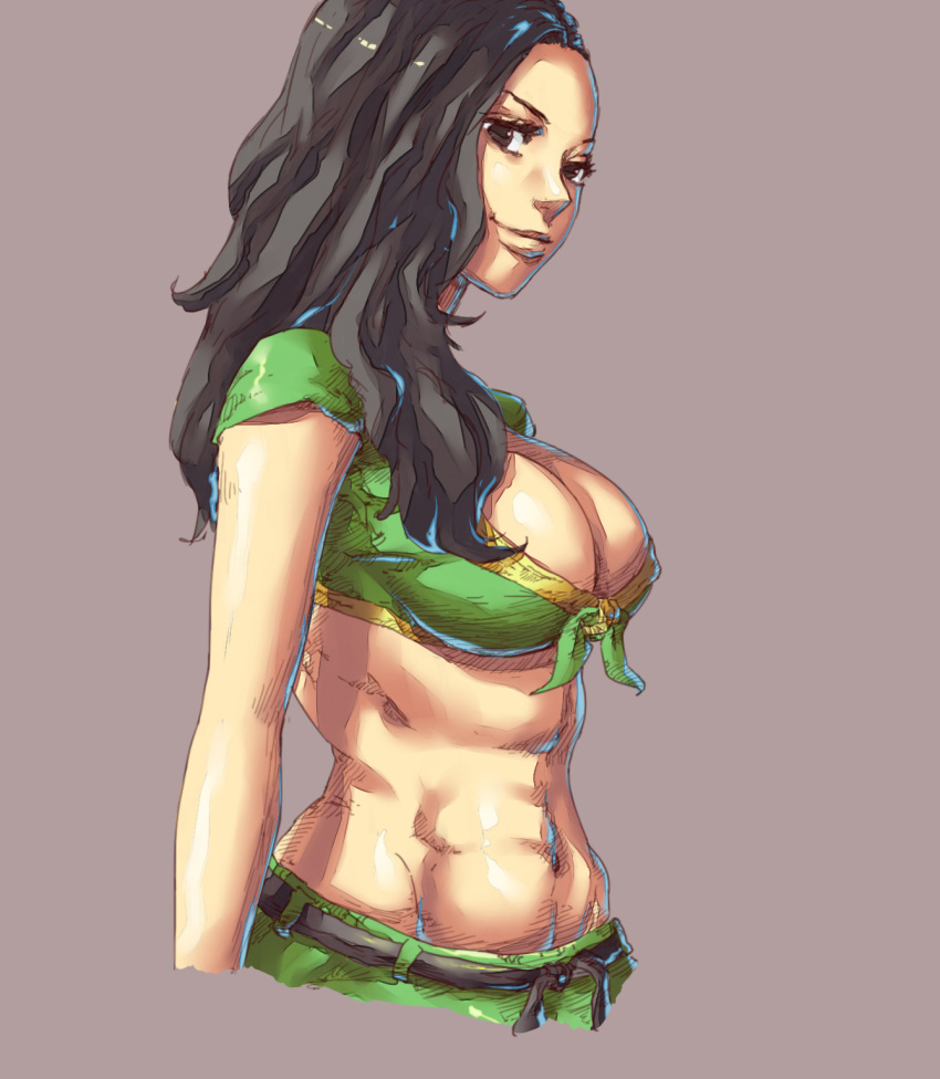 1girl black_hair breasts brown_eyes cleavage crop_top from_side front-tie_top grey_background highres laura_matsuda lips long_hair looking_at_viewer medium_breasts mick_cortes midriff muscle navel simple_background smile solo standing street_fighter street_fighter_v toned