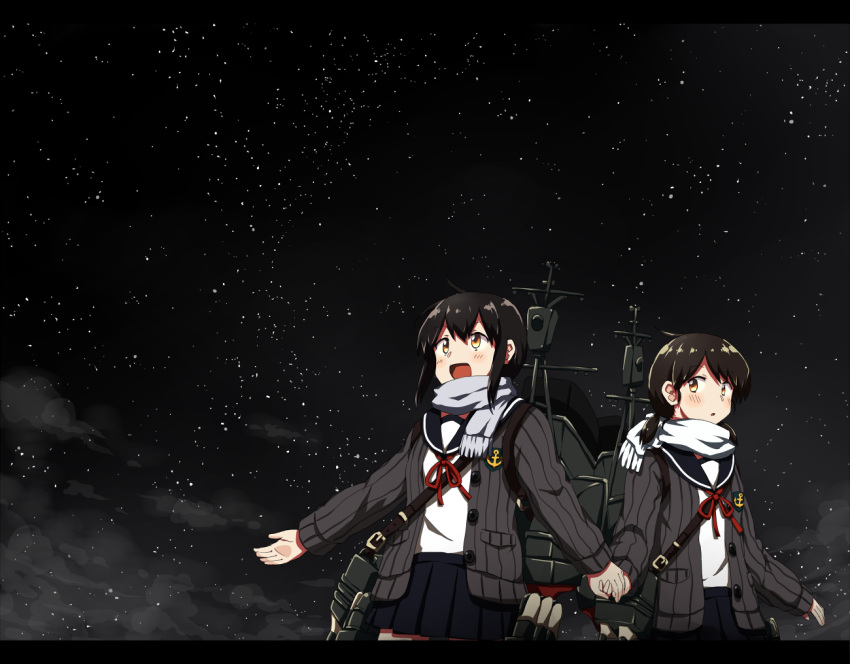2girls anchor_symbol any_(lucky_denver_mint) bangs black_hair brown_eyes brown_hair cannon cardigan fubuki_(kantai_collection) holding_hands kantai_collection letterboxed long_hair low_ponytail low_twintails machinery multiple_girls night outstretched_arms parted_bangs ponytail rigging scarf school_uniform serafuku shirayuki_(kantai_collection) short_ponytail short_twintails sky star_(sky) starry_sky turret twintails