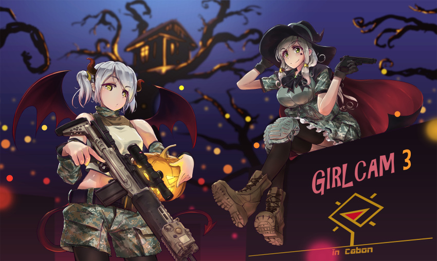 2girls bare_tree bat_wings belt black_legwear blush boots camouflage camouflage_shorts camouflage_skirt cape combat_boots copyright_name demon_girl demon_tail detached_sleeves facial_mark green_eyes gun halloween hand_on_headwear handgun hat highres horns house jack-o'-lantern light_particles load_bearing_vest long_hair looking_at_viewer looking_down midriff military military_uniform multiple_girls night original pantyhose pantyhose_under_shorts pistol ribbon-trimmed_skirt rifle scope short_hair short_twintails shorts sidelocks silver_hair sitting skirt sky sling smile sniper_rifle star tail tantu_(tc1995) thigh-highs tree trigger_discipline twintails uniform weapon wings witch witch_hat yellow_eyes