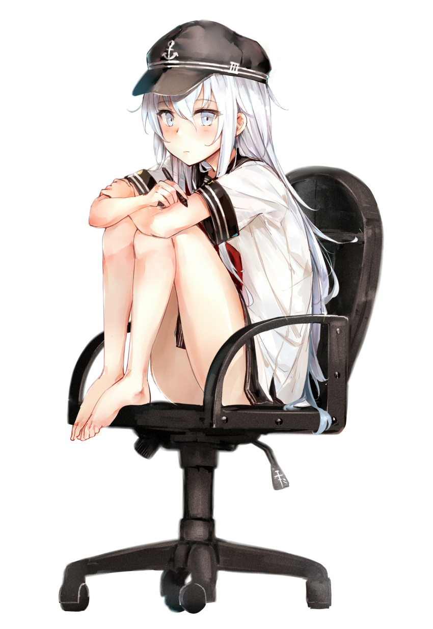 1girl black_skirt blue_eyes chair eyebrows eyebrows_visible_through_hair feet_on_chair full_body hair_between_eyes hat hibiki_(kantai_collection) highres kantai_collection long_hair looking_at_viewer pen school_uniform shoes_removed short_sleeves silver_hair simple_background sitting skirt solo somalisu swivel_chair white_background