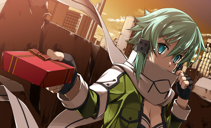 1girl aqua_hair blue_eyes blush box breasts building cleavage fingerless_gloves gift gloves hair_ornament hairclip highres holding holding_gift jacket looking_at_viewer medium_breasts outdoors reaching_out ribbon scarf shikei shinon_(sao) short_hair skyscraper solo sunset sword_art_online upper_body