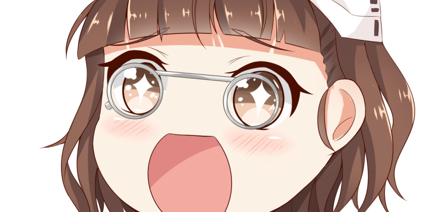 1girl bangs blunt_bangs blush brown_hair eyebrows eyebrows_visible_through_hair face glasses gradient_eyes kantai_collection looking_at_viewer multicolored_eyes open_mouth pince-nez roma_(kantai_collection) short_hair simple_background sin-poi solo sparkling_eyes white_background