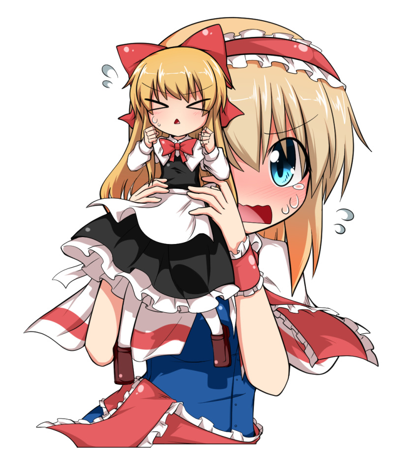 2girls alice_margatroid blonde_hair blue_eyes blush bow capelet d: doll_joints dress dx flying_sweatdrops hair_bow hairband hiding highres katsumi5o loafers lolita_fashion lolita_hairband long_hair multiple_girls no_nose open_mouth sash shanghai_doll shoes short_hair sweat tears touhou triangle_mouth wavy_mouth wrist_cuffs