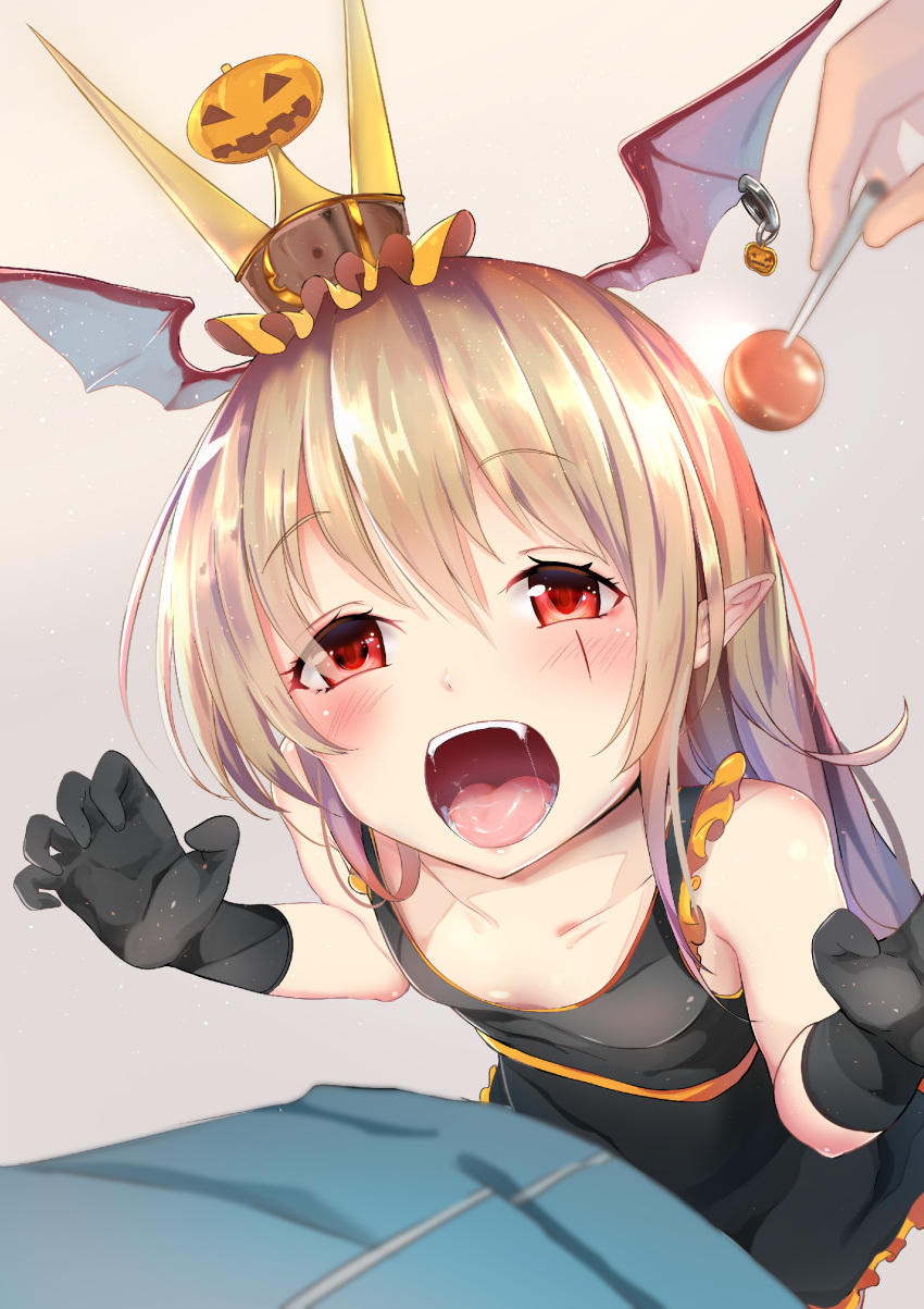 1girl :o absurdres ase_tou_mi_kaameru bat_wings black_dress black_gloves blonde_hair blush breasts claw_pose collarbone crown dress eyebrows eyebrows_visible_through_hair eyelashes facepaint fangs frilled_sleeves frills gloves granblue_fantasy hair_between_eyes halloween hands head_wings highres jack-o'-lantern jewelry light_particles long_hair looking_at_viewer open_mouth out_of_frame palms pointy_ears red_eyes red_wings ring saliva short_dress sleeveless sleeveless_dress small_breasts solo_focus sphere tongue vampy wing_ornament wings