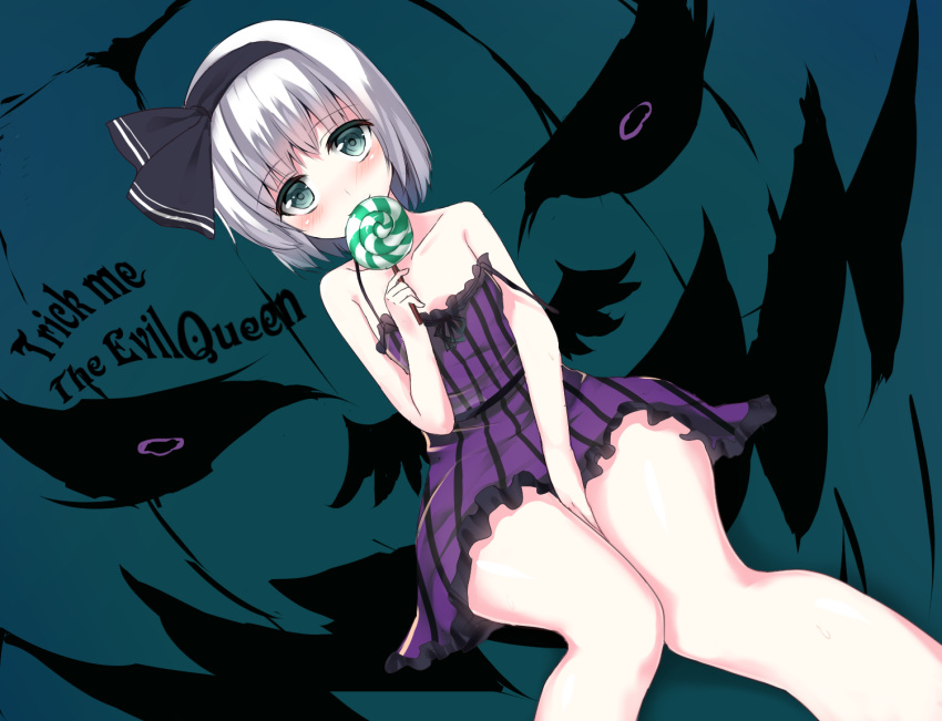 1girl between_legs blush breasts camisole candy commentary english green_eyes hair_ribbon hairband halloween hand_between_legs jack-o'-lantern konpaku_youmu legs_together lollipop looking_at_viewer off_shoulder petite ribbon ringed_eyes shamuichi short_hair silver_hair sitting small_breasts smile solo strap_slip swirl_lollipop tareme thighs touhou wide_hips