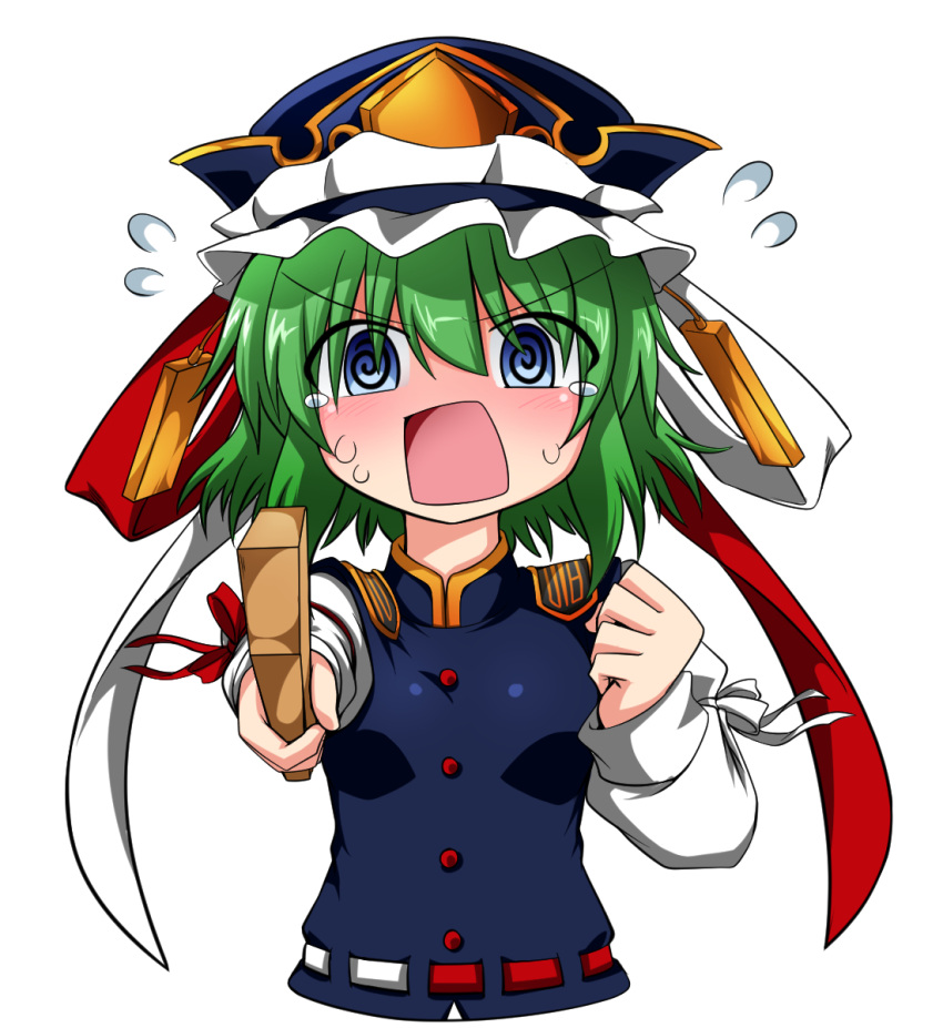 1girl @_@ blush clenched_hand crown d:&lt; flat_chest flying_sweatdrops highres katsumi5o looking_at_viewer no_nose pointing pointing_at_viewer rod_of_remorse shiki_eiki short_hair solo sweat tears touhou