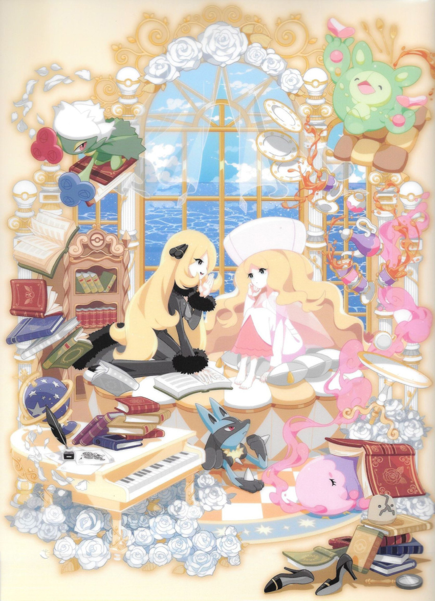 blonde_hair book cattleya_(pokemon) clearfile highres instrument lucario official_art piano pokemon reuniclus roserade shirona_(pokemon) spiritomb