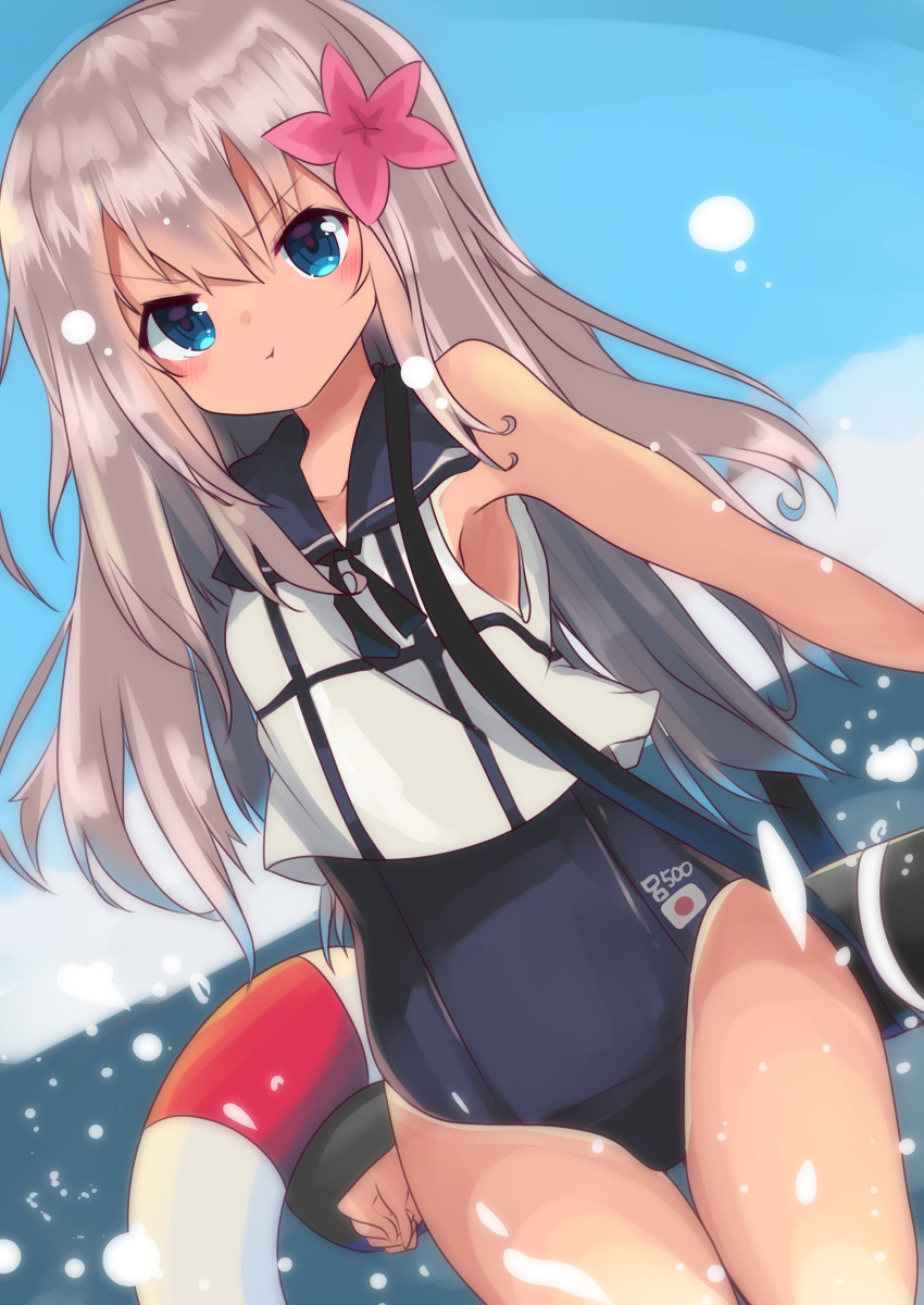 1girl absurdres blue_eyes crop_top flower hair_flower hair_ornament hibiscus highres kantai_collection lifebuoy long_hair one-piece_tan pout ro-500_(kantai_collection) sailor_collar school_swimsuit silver_hair swimsuit swimsuit_under_clothes tan tanline te_toga torpedo