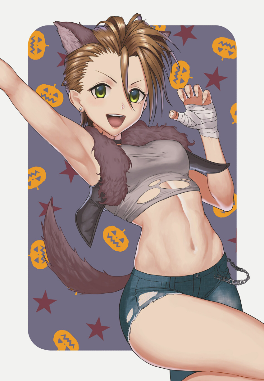 1girl :d absurdres animal_ears arm_up armpits asymmetrical_clothes bandaged_hands breasts brown_hair buttons chain choker claw_pose crop_top cutoffs earrings fingernails fur_trim green_eyes hair_between_eyes highres idolmaster idolmaster_cinderella_girls jacket jewelry kimura_natsuki leg_up looking_at_viewer medium_breasts midriff open_mouth outside_border pants pocket rounded_corners sharp_fingernails shigatsugata shirt short_hair sleeveless smile solo star stomach stud_earrings tail torn_clothes torn_pants torn_shirt white_border wolf_ears wolf_tail