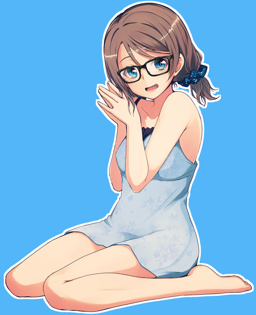 1girl bare_legs bare_shoulders barefoot blue_background blue_eyes brown_hair camisole floral_print full_body glasses hair_ornament hair_scrunchie hands_together highres love_live! love_live!_sunshine!! nanotsuki open_mouth own_hands_together scrunchie short_hair simple_background sitting solo wariza watanabe_you
