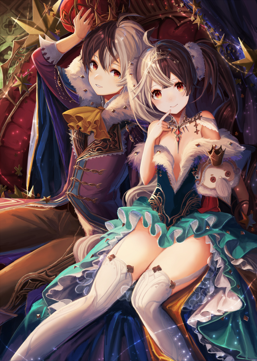 1boy 1girl 4th ahoge arm_up brown_eyes brown_hair crown diadem dress finger_to_mouth flat_chest garter_straps grin highres jewelry long_hair looking_at_viewer multicolored_hair original ring short_hair silver_hair sitting smile strapless strapless_dress thigh-highs twintails two-tone_hair white_legwear