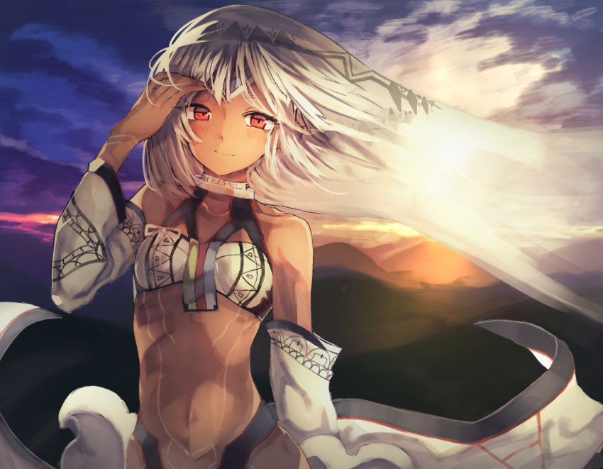 1girl arm_behind_back attila_(fate/grand_order) bangs bei_mochi blush clouds cloudy_sky commentary dark_skin detached_sleeves fate/extella fate/extra fate_(series) grasslands hand_in_hair hand_up highres light_rays light_smile long_hair looking_at_viewer midriff navel red_eyes silver_hair sky smile solo sunbeam sunlight sunrise tattoo upper_body veil