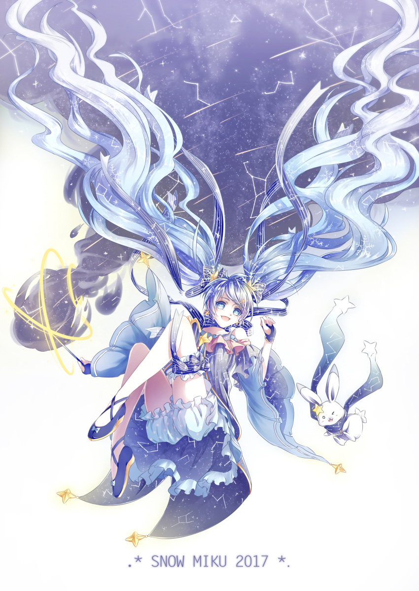 1girl 2017 absurdly_long_hair absurdres blue_eyes blue_hair character_name earrings fingerless_gloves gloves hair_ribbon hatsune_miku highres jewelry kicchan long_hair one_eye_closed open_mouth rabbit ribbon scarf sky snowflakes solo star_(sky) starry_sky twintails very_long_hair vocaloid yuki_miku yukine_(vocaloid)