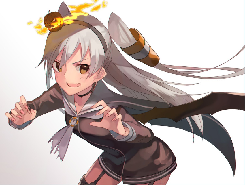&gt;:d 1girl :d amatsukaze_(kantai_collection) brown_eyes commentary_request diadem dress fang fingernails garter_straps grey_hair hair_tubes jack-o'-lantern kantai_collection lifebuoy long_fingernails long_hair long_sleeves looking_at_viewer open_mouth sailor_dress smile solo two_side_up ukimesato very_long_hair white_background wings
