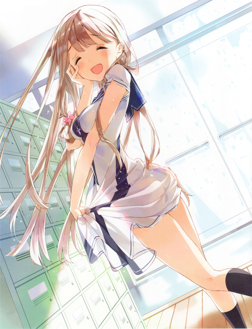 1girl ass brown_hair closed_eyes dutch_angle fujinomiya_neko hand_on_own_face highres indoors long_hair masamune-kun_no_revenge open_mouth see-through_silhouette shirt_tug short_sleeves solo tiv wet wet_clothes