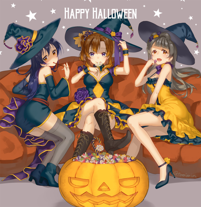 3girls :d :o adjusting_clothes adjusting_hat ankle_boots anklet ass bangs bare_shoulders belt black_hair blue_hair blunt_bangs blush boots bow breasts candy cleavage cocktail_dress couch crossed_legs dress eating flush grey_legwear hair_bow hair_ribbon halloween happy_halloween hat high_heels highres jack-o'-lantern jewelry knee_boots kousaka_honoka lollipop looking_at_viewer looking_back love_live! love_live!_school_idol_project macaron medium_breasts minami_kotori multiple_girls one_side_up open_mouth orange_hair parted_bangs pocky ribbon shoes side_ponytail sitting smile sonoda_umi star starry_background thigh-highs tomiwo violet_eyes witch witch_hat yellow_eyes
