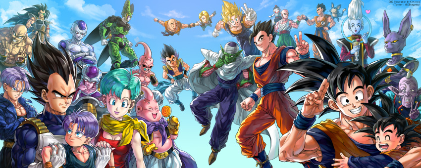 android_18 antennae aqua_eyes aqua_hair armlet bald bare_chest beerus black_eyes black_hair blonde_hair blue_eyes blue_sky breasts bulma candy cape cell_(dragon_ball) chin_rest cleavage clenched_hand closed_eyes clouds crossed_arms double_v dougi dragon_ball dragon_ball_z dress dual_persona earrings everyone facial_hair facial_mark father_and_son fist_bump floating flying food forehead_mark frieza gloves gotenks grin hair_over_one_eye hand_on_hip hat heart highres holding_hands ice_cream jacket jewelry kim_yura_(goddess_mechanic) kuririn lavender_hair lollipop long_hair majin_buu muscle mustache nappa neckerchief open_mouth pectorals piccolo potara_earrings puar raditz red_dress rou_kaioushin scouter shoulder_pads single_earring sky smile son_gohan son_gokuu son_goten sundae super_saiyan tank_top tenshinhan third_eye tongue tongue_out triangle_mouth trunks_(dragon_ball) v vegeta vegetto very_long_hair vest whis white_gloves white_hair widow's_peak wrist_cuffs wristband yamcha yellow_gloves