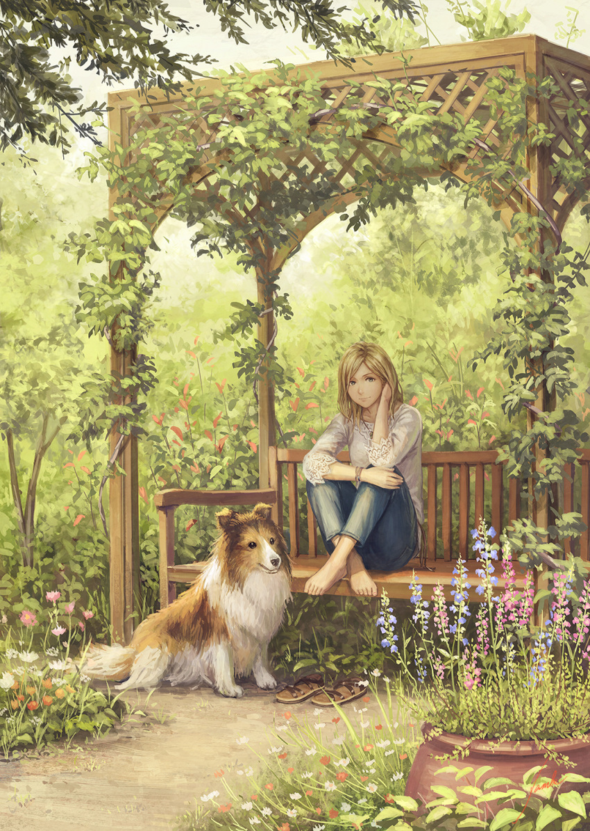 1girl anbe_yoshirou barefoot bench blonde_hair blue_eyes collie_(dog) crossed_ankles denim dog grass highres jeans long_hair long_sleeves original pants plant sandals sandals_removed shoes_removed sitting smile solo vines