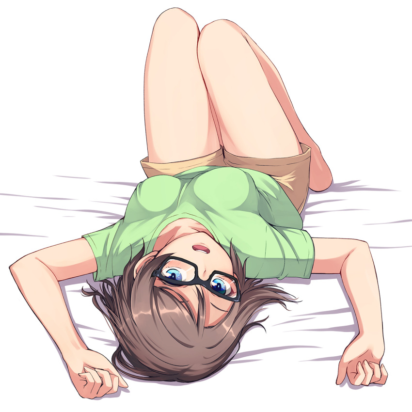 1girl bare_legs barefoot blue_eyes brown_hair full_body glasses green_shirt highres looking_at_viewer love_live! love_live!_sunshine!! lying nanotsuki on_back open_mouth shirt short_hair short_sleeves shorts solo t-shirt teeth watanabe_you