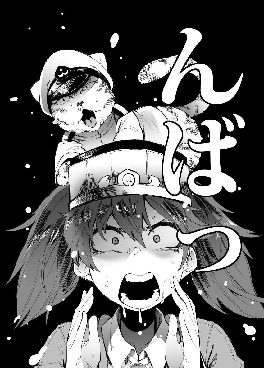1girl absurdres animal animal_on_head cat hat highres kantai_collection military_hat monochrome open_mouth ryuujou_(kantai_collection) snot surprised sweat teeth translation_request twintails upper_body visor_cap yonyon_(yotayota_honpo)