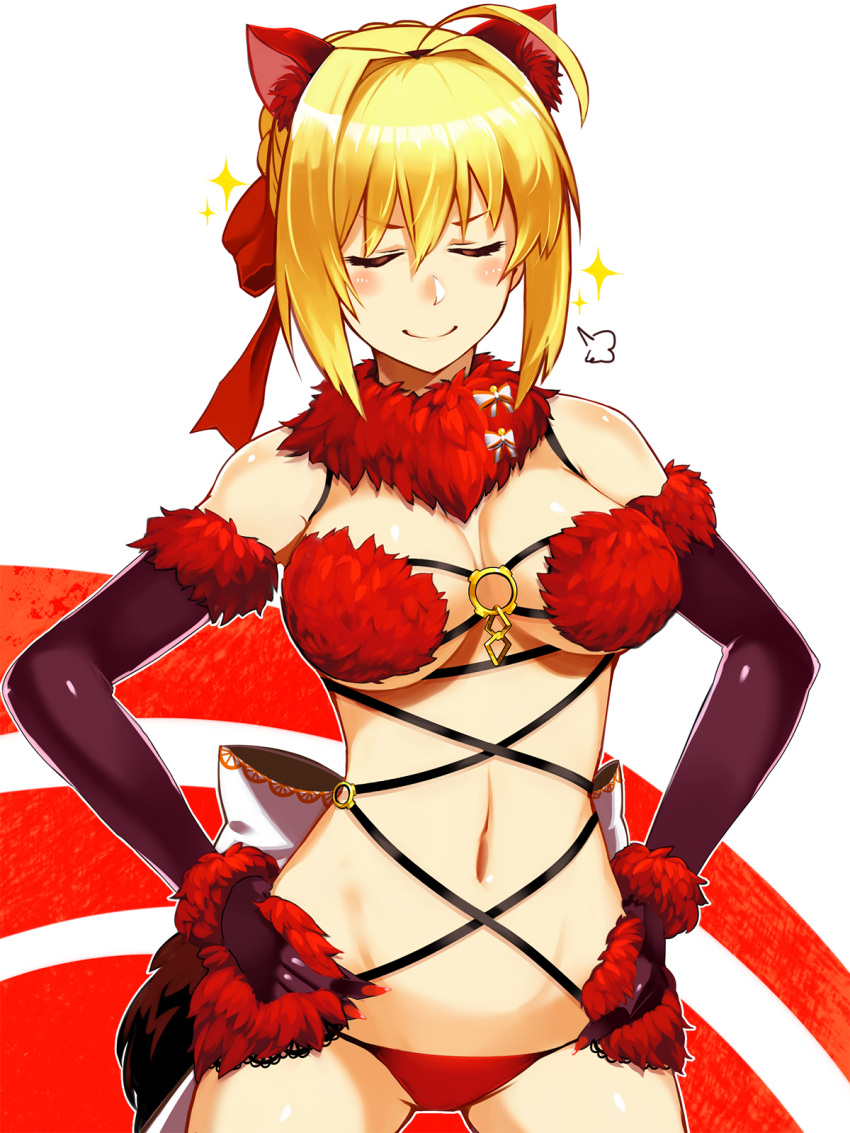 1girl animal_ears bare_shoulders breasts cleavage closed_eyes elbow_gloves fate/extra fate/grand_order fate_(series) gloves hands_on_hips highres medium_breasts navel nirai_kanai saber_extra shielder_(fate/grand_order) shielder_(fate/grand_order)_(cosplay) simple_background solo white_background wolf_ears