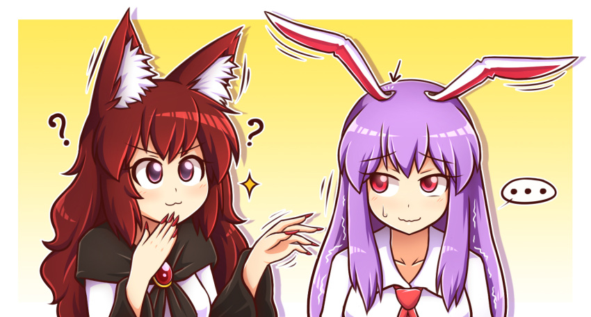 ... 2girls :3 ? animal_ears bangs blush brooch brown_hair buttons collarbone commentary directional_arrow fingernails gradient gradient_background highres imaizumi_kagerou jewelry long_hair long_sleeves multiple_girls nail_polish necktie purple_hair rabbit_ears red_eyes red_necktie reisen_udongein_inaba simple_background spoken_ellipsis sweatdrop touhou upper_body wavy_mouth white_background wide_sleeves wolf_ears wool_(miwol) yellow_background