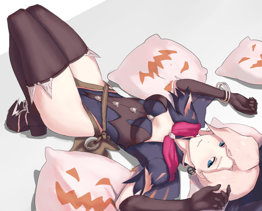 1girl alternate_costume black_legwear blonde_hair blue_eyes boots bracelet earrings hat highres jack-o'-lantern jewelry looking_at_viewer lying mercy_(overwatch) on_back overwatch pillow quentin_lecuiller solo thigh-highs witch_hat witch_mercy