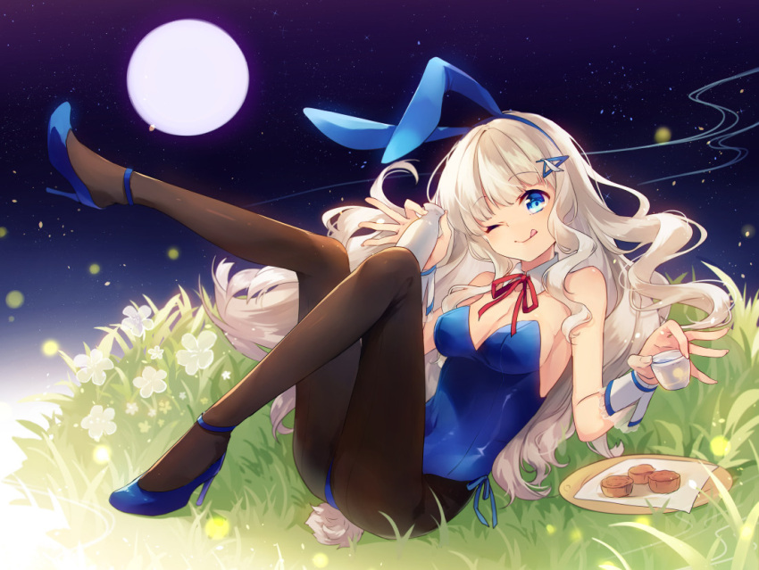 1girl ;q alcohol animal_ears bangs bare_shoulders blue_eyes blue_leotard blue_shoes blush breasts bunny_tail bunnysuit cleavage detached_collar eyebrows eyebrows_visible_through_hair fake_animal_ears fireflies full_body full_moon hair_ornament hairclip head_tilt high_heels holding knees_up kuuki_shoujo leg_up leotard long_hair looking_at_viewer moon mooncake neck_ribbon night night_sky one_eye_closed outdoors pantyhose personification plate rabbit_ears red_ribbon ribbon sakazuki sake shinia shoes side-tie_leotard sky small_breasts solo strapless strapless_leotard tail the_personfication_of_atmosphere tokkuri tongue tongue_out wavy_hair white_flower white_hair wrist_cuffs