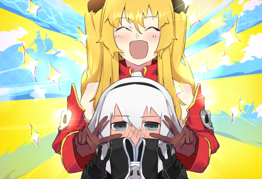 2girls anne_bonny_(fate/grand_order) bangs bare_shoulders black_bow black_coat black_gloves blonde_hair blue_background blush bow breasts brown_gloves cravat detached_collar detached_sleeves double_v emotional_engine_-_full_drive fate/grand_order fate_(series) gloves grey_eyes hair_between_eyes hair_bow hands_up high_collar long_hair long_sleeves looking_at_viewer mary_read_(fate/grand_order) multiple_girls nanao_(aoyamahikari) open_mouth parody pirate_ship short_hair skull small_breasts smile sparkle striped striped_background v very_long_hair waves wavy_hair white_hair white_neckwear yellow_background