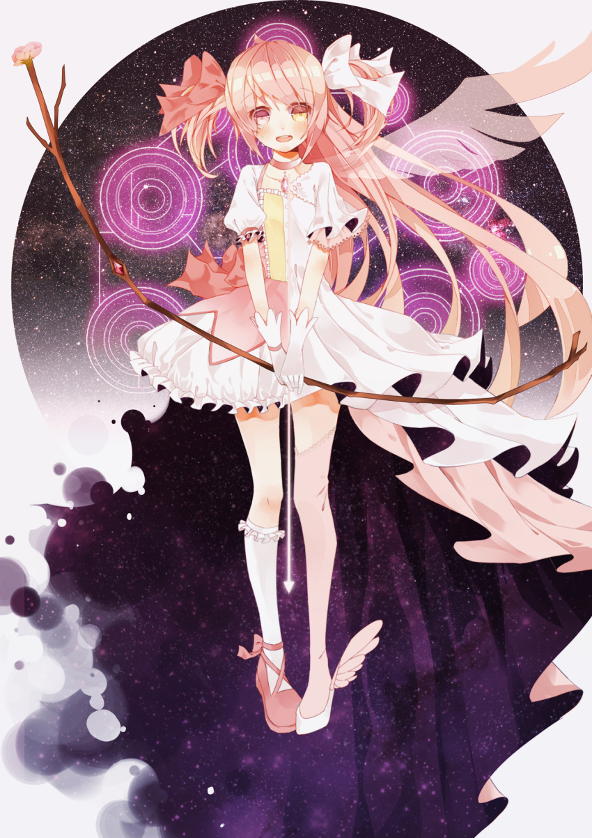 1girl anna_(anna1997) asymmetrical_legwear bow_(weapon) collarbone gloves goddess_madoka hair_ornament heterochromia highres holding holding_weapon jewelry kaname_madoka kneehighs long_hair looking_at_viewer magical_girl mahou_shoujo_madoka_magica necklace open_mouth pink_eyes pink_hair pink_legwear see-through single_wing solo thigh-highs weapon white_gloves white_legwear wings yellow_eyes