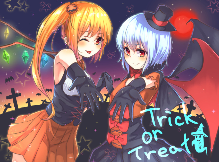 2girls bat bat_wings black_cape black_gloves black_hat blonde_hair blue_hair borushichi bow bowtie cape commentary cross-laced_clothes elbow_gloves evening fang_out flandre_scarlet frilled_sleeves frills ghost gloves gradient_sky halloween hat holding_hands jack-o'-lantern_hair_ornament mini_hat mini_top_hat miniskirt moon multiple_girls orange_shirt orange_skirt outstretched_arm pleated_skirt red_bow red_bowtie red_eyes red_moon remilia_scarlet shirt short_hair short_sleeves side_ponytail skirt sky sleeveless smile star star_(sky) starry_sky tombstone tongue tongue_out top_hat touhou trick_or_treat underbust wings