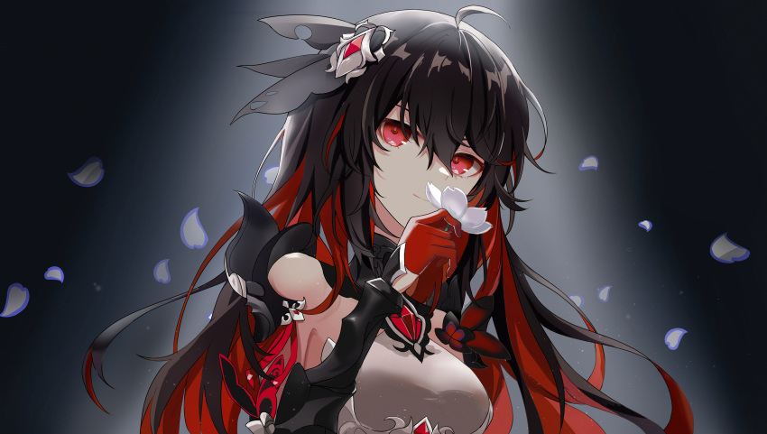 1girl 2391976982 absurdres black_background closed_mouth flower gloves gloves_removed hair_between_eyes hair_ornament highres holding holding_flower honkai_(series) honkai_impact_3rd long_hair looking_at_viewer petals red_eyes redhead seele_(alter_ego) seele_vollerei seele_vollerei_(starchasm_nyx) smile solo white_flower
