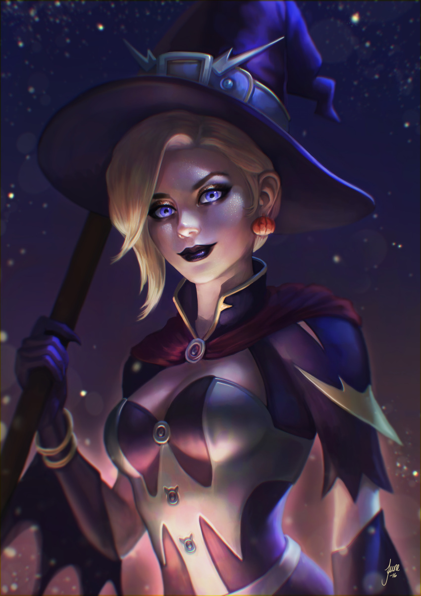 1girl absurdres alternate_costume black_lipstick blonde_hair blue_eyes breasts broom cleavage dark_background earrings eyeshadow food_themed_earrings glitter hat highres jewelry june_jenssen lipstick looking_at_viewer makeup mercy_(overwatch) overwatch pumpkin_earrings solo upper_body witch witch_hat witch_mercy