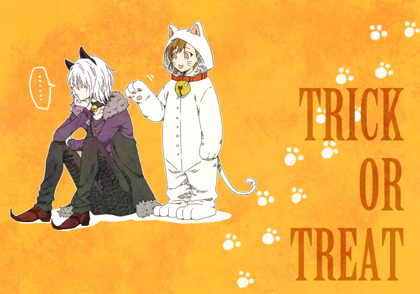 1boy 1girl :d accelerator animal_costume animal_ears animal_hood bangs bell black_choker black_pants brown_eyes brown_hair brown_shoes cat_costume cat_ears cat_hood cat_paws cat_tail chin_rest elbow_on_knee elbow_rest english fur_trim halloween halloween_costume hood jingle_bell last_order long_sleeves open_mouth orange_background pants paws pointy_shoes red_choker saiba_(henrietta) shoes short_hair sitting smile speech_bubble standing tail to_aru_majutsu_no_index whiskers white_hair