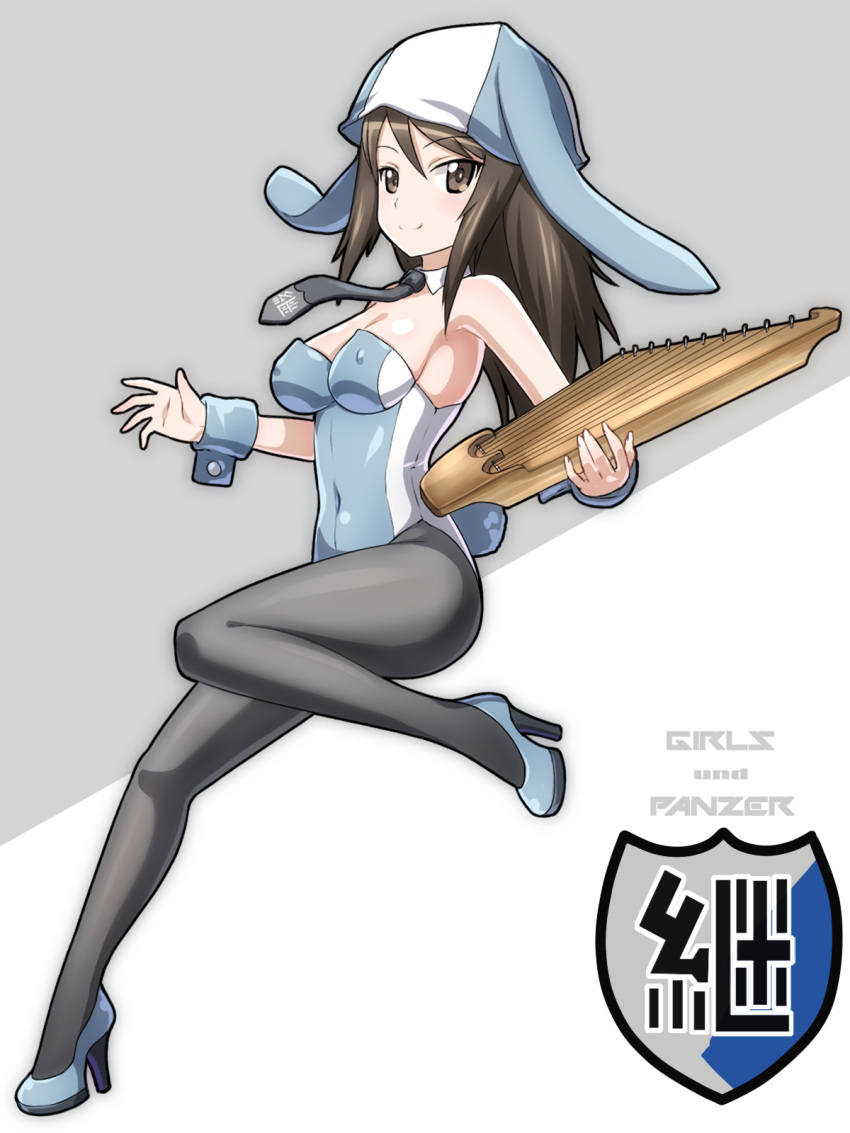1girl adapted_costume animal_ears animal_hat bare_shoulders black_legwear bow bowtie breasts brown_eyes brown_hair bunny_girl bunny_hat bunny_tail bunnysuit cleavage covered_nipples detached_collar emblem full_body girls_und_panzer hair_between_eyes hat highres instrument iwahana kantele keizoku_(emblem) leotard long_hair mika_(girls_und_panzer) pantyhose rabbit_ears smile solo tail