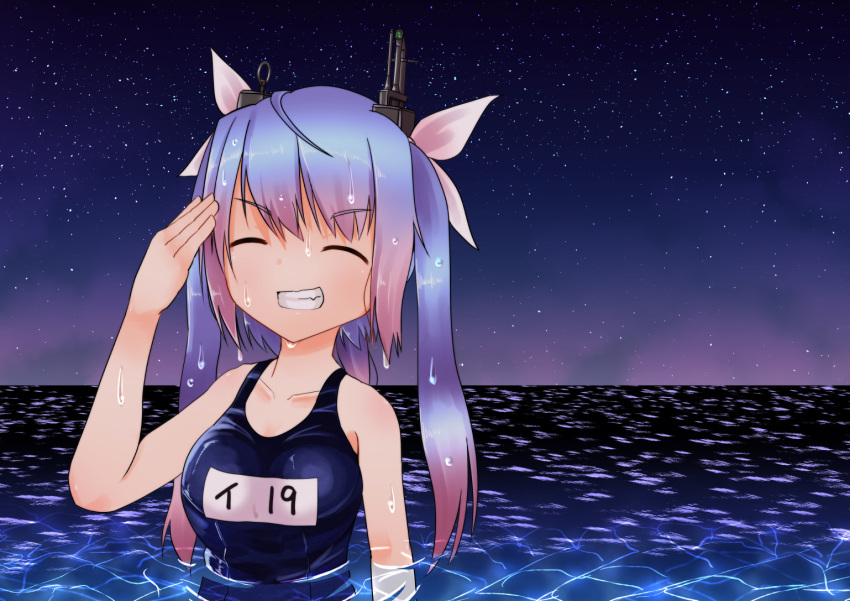 1girl blue_hair breasts closed_eyes grin hair_ribbon horizon i-19_(kantai_collection) kantai_collection kunsei_hamu large_breasts long_hair looking_at_viewer name_tag ocean one-piece_swimsuit ribbon salute school_swimsuit sky smile solo star_(sky) starry_sky swimsuit teeth torpedo tri_tails wet