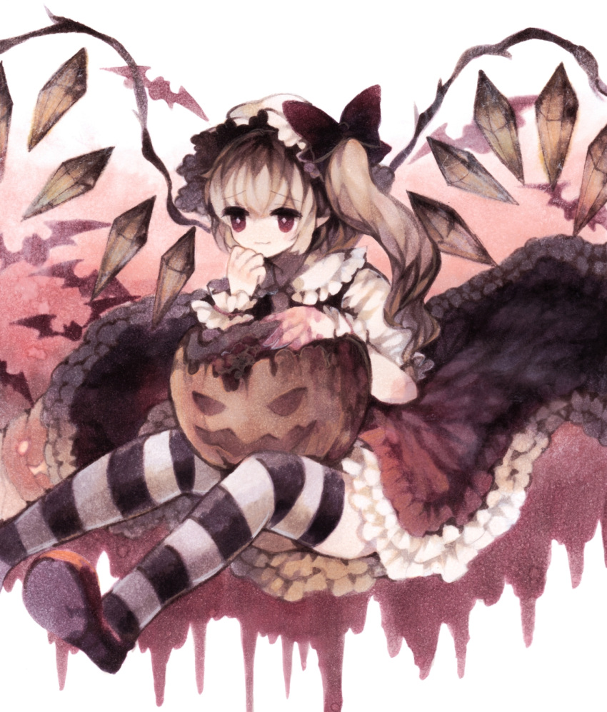 1girl bat blonde_hair bow colored_pencil_(medium) commentary dripping flandre_scarlet frilled_skirt frills hair_bow halloween hat head_rest highres jack-o'-lantern marker_(medium) mob_cap muted_color red_eyes side_ponytail sitting skirt smile solo striped striped_legwear thigh-highs touhou traditional_media wings wiriam07 zettai_ryouiki