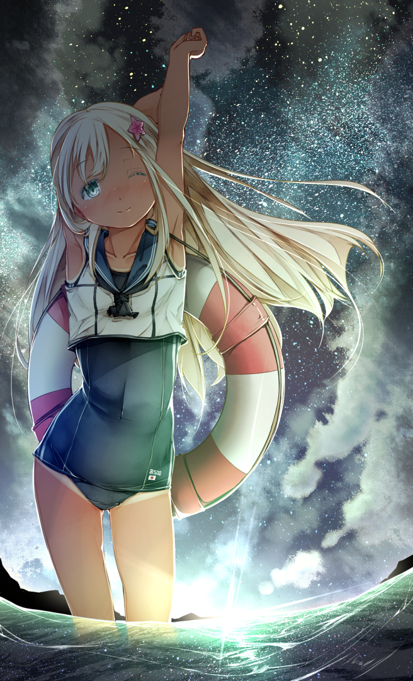 1girl armpits arms_up collarbone covered_navel hair_ornament highres innertube kantai_collection long_hair looking_at_viewer night one_eye_closed partially_submerged ro-500_(kantai_collection) school_swimsuit silver_hair sky solo star star_(sky) star_hair_ornament starry_sky sugiyuu swimsuit tan tanline