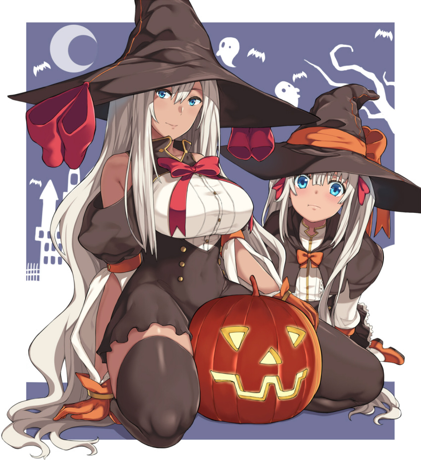 2girls :t bare_shoulders bat black_legwear blue_eyes blush bow breast_envy breasts capelet crescent_moon dark_skin ghost gloves hai_ookami halloween hat highres jack-o'-lantern long_hair long_sleeves moon multiple_girls original pout seiza shoes siblings silver_hair sisters sitting solo thigh-highs very_long_hair witch_hat zettai_ryouiki