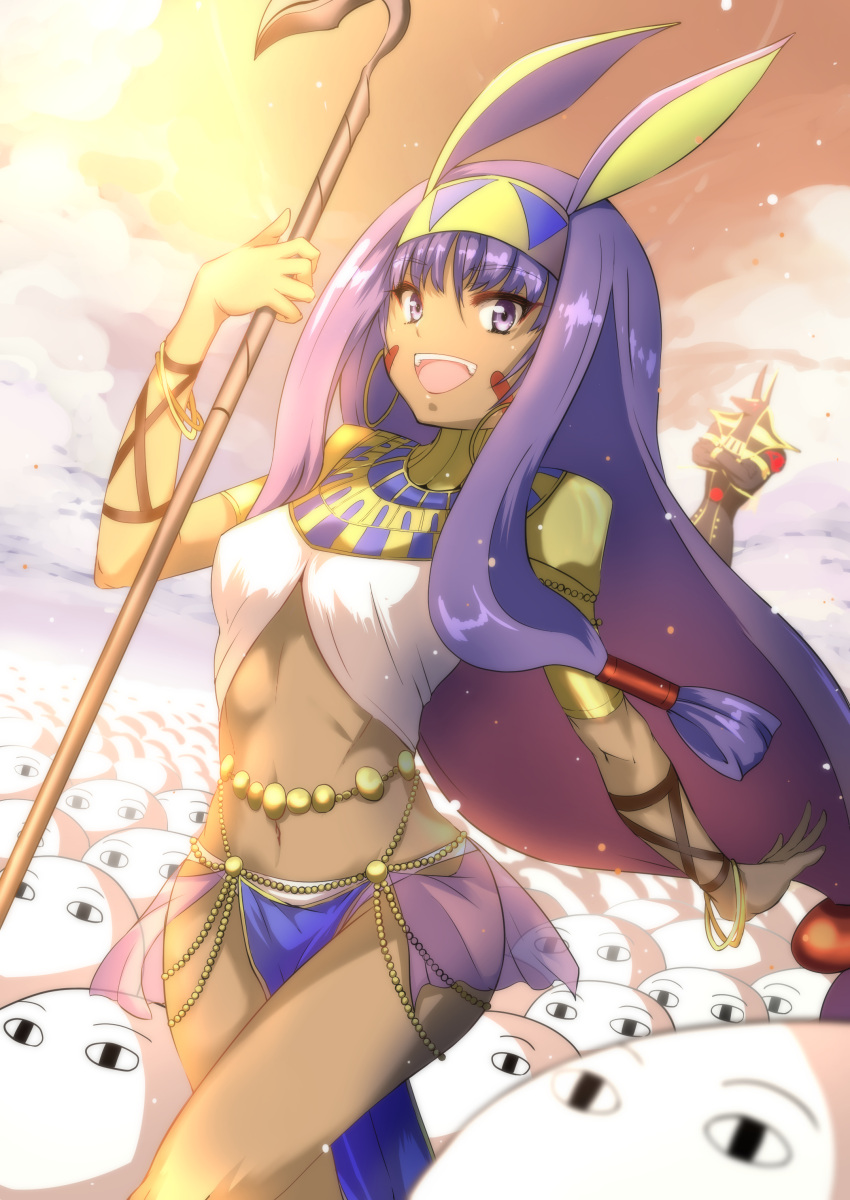 1girl :d absurdres big_hair bracelet breasts cowboy_shot dark_skin day earrings egyptian egyptian_clothes facial_mark fate/grand_order fate_(series) grimjin hair_tubes hairband highres holding holding_staff hoop_earrings jewelry loincloth long_hair looking_at_viewer medjed midriff navel nitocris_(fate/grand_order) open_mouth purple_hair sidelocks small_breasts smile staff stomach sunlight teeth very_long_hair violet_eyes
