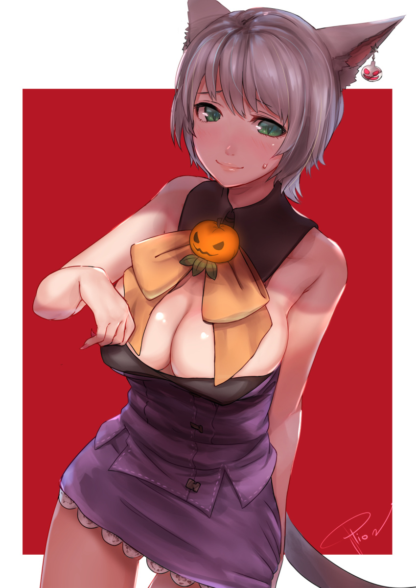 1girl adjusting_clothes animal_ears bare_shoulders breasts cleavage detached_collar from_above green_eyes highres jack-o'-lantern miniskirt potion_lilac(popopotionu) silver_hair skirt slit_pupils solo sweatdrop