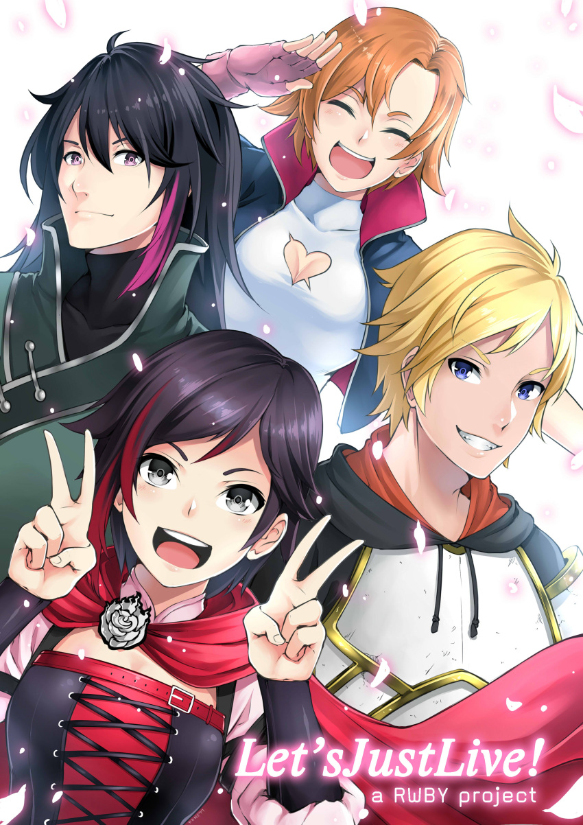 :d absurdres arm_up arms_up bangs belt black_eyes black_hair blonde_hair blue_eyes breasts cape cleavage_cutout closed_mouth collarbone commentary_request copyright_name cropped_jacket double_v eyebrows_visible_through_hair fingerless_gloves gloves hair_between_eyes highres hood hood_down jaune_arc lie_ren long_hair looking_at_viewer love_live! love_live!_school_idol_project lulu-chan92 medium_breasts multicolored_hair multiple_girls nora_valkyrie open_mouth orange_hair parody purple_gloves red_cape ruby_rose rwby salute shirt short_hair simple_background smile streaked_hair v violet_eyes white_background white_shirt