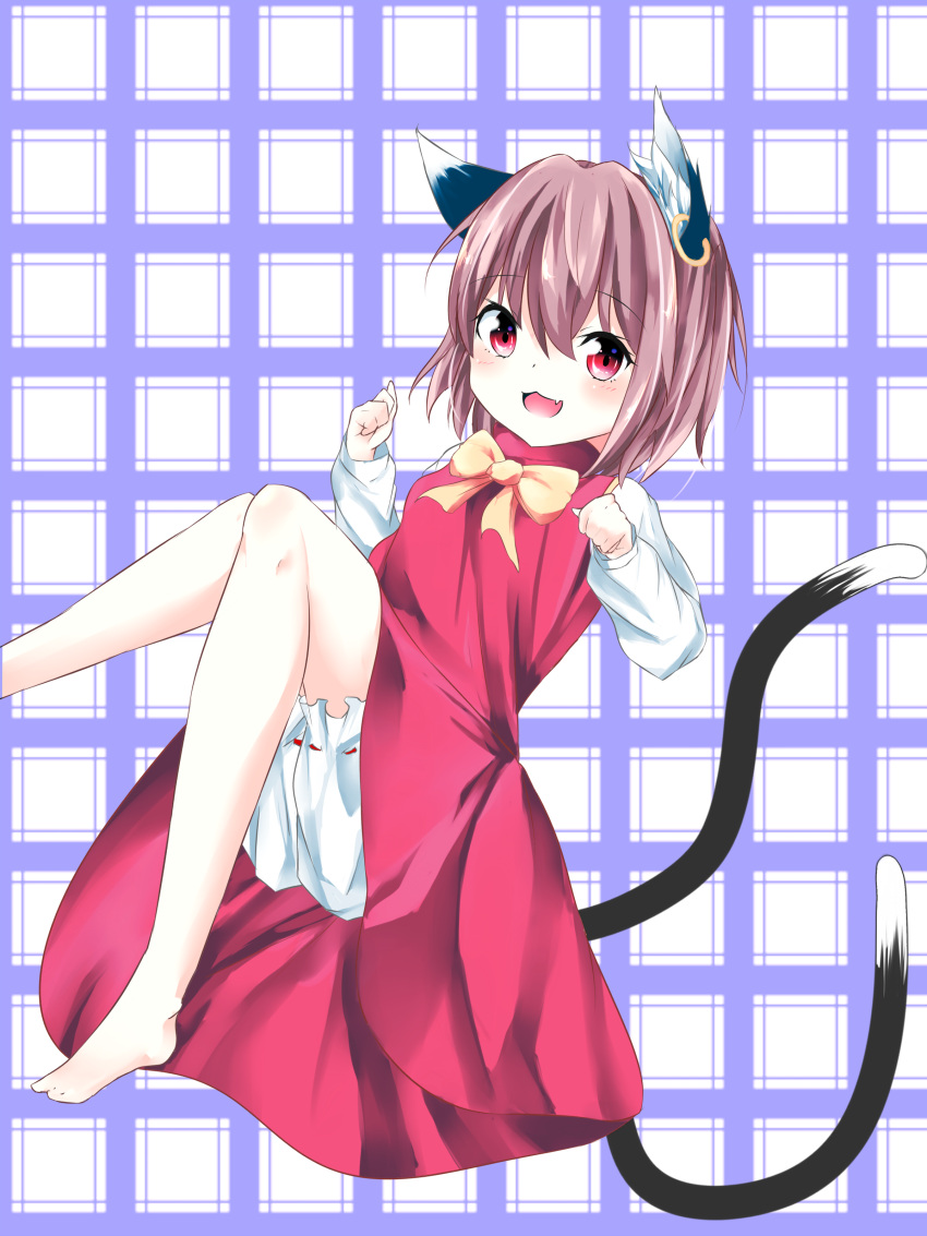 1girl :3 :d absurdres animal_ears barefoot bloomers blue_background brown_hair cat_ears cat_tail chen dress fang highres jewelry miki_yanagi multiple_tails no_hat no_headwear open_mouth plaid plaid_background red_eyes shirt short_hair simple_background single_earring smile tail touhou two-tone_background two_tails underwear white_background