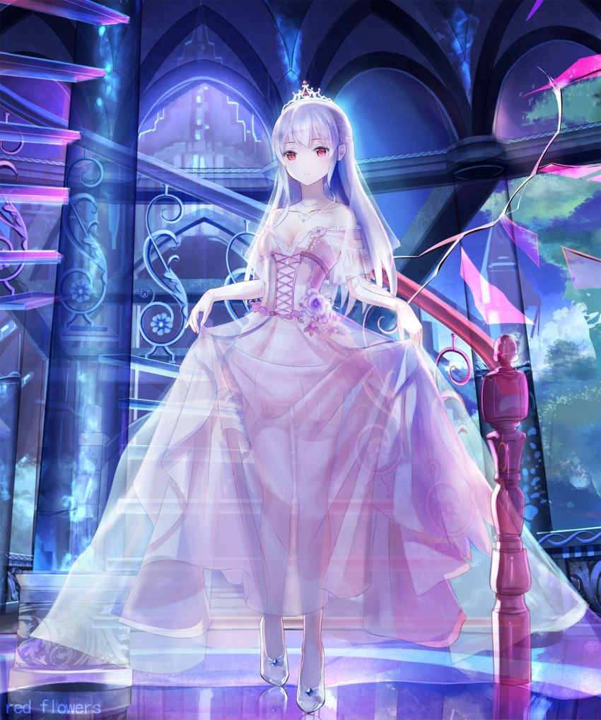 1girl breasts cleavage dress dress_lift garter_straps glass_slipper high_heels highres jewelry light_smile long_hair looking_at_viewer medium_breasts necklace original red_eyes red_flowers see-through smile solo stairs thigh-highs tiara white_hair
