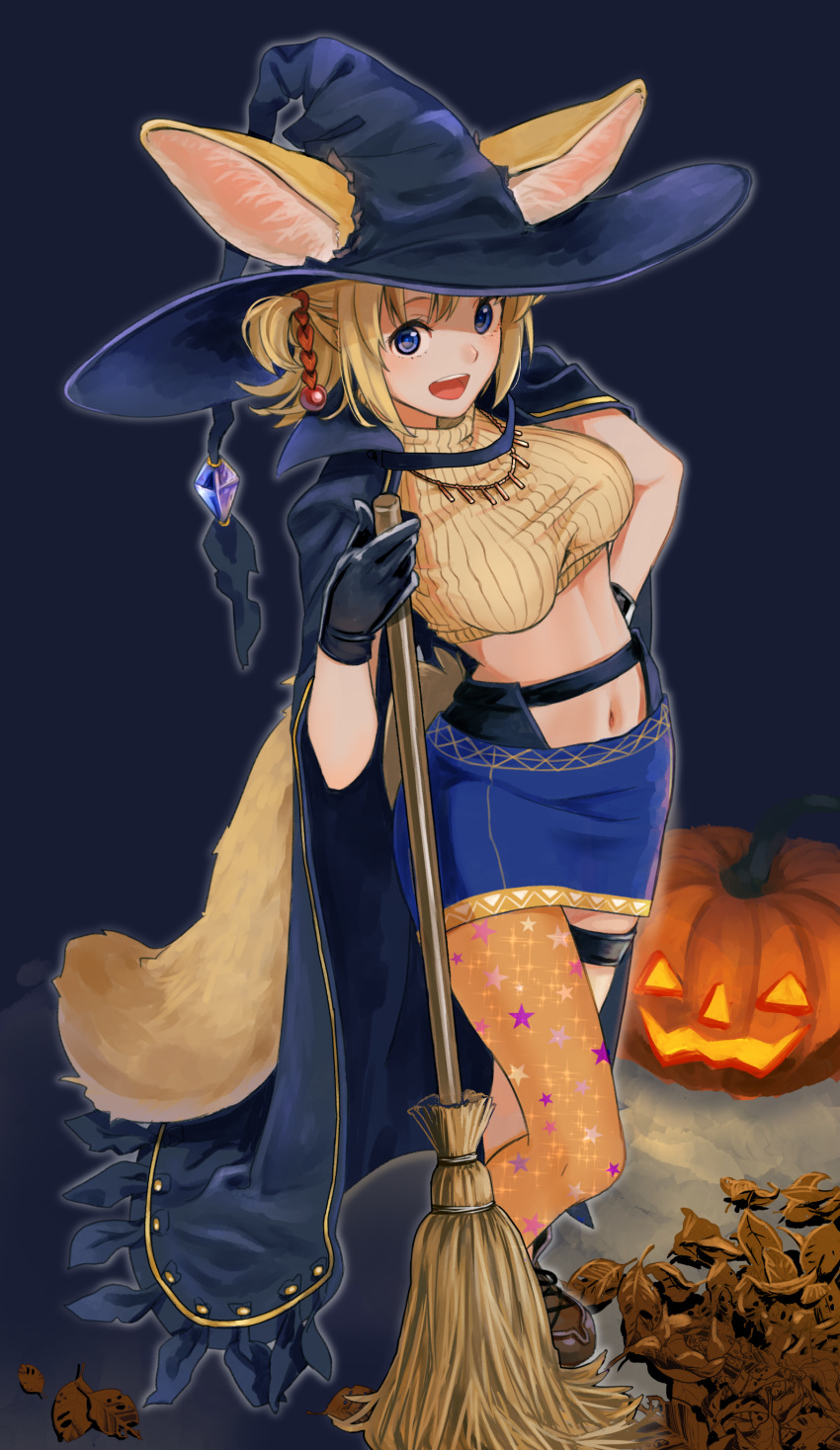 1girl :d absurdres animal_ears asymmetrical_legwear autumn_leaves black_gloves blonde_hair blue_eyes broom cape commentary_request crop_top full_body gloves halloween halloween_costume hand_on_hip hat highres holding leaf looking_at_viewer miniskirt nashigaya_koyomi navel open_mouth original outdoors print_legwear pumpkin round_teeth skirt smile solo standing star star_print tail teeth thigh-highs witch witch_hat