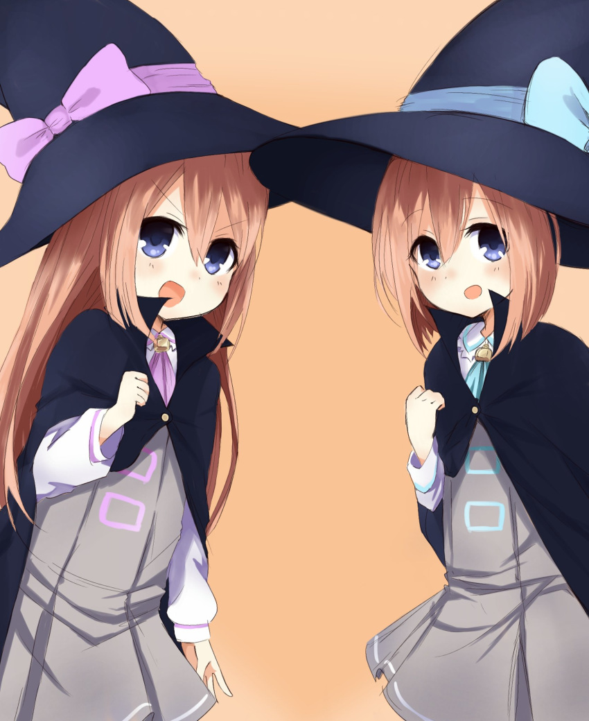 2girls blancpig_yryr blue_eyes blush brown_hair hat highres long_hair looking_at_viewer multiple_girls neptune_(series) open_mouth ram_(choujigen_game_neptune) rom_(choujigen_game_neptune) short_hair siblings sisters smile twins witch witch_hat