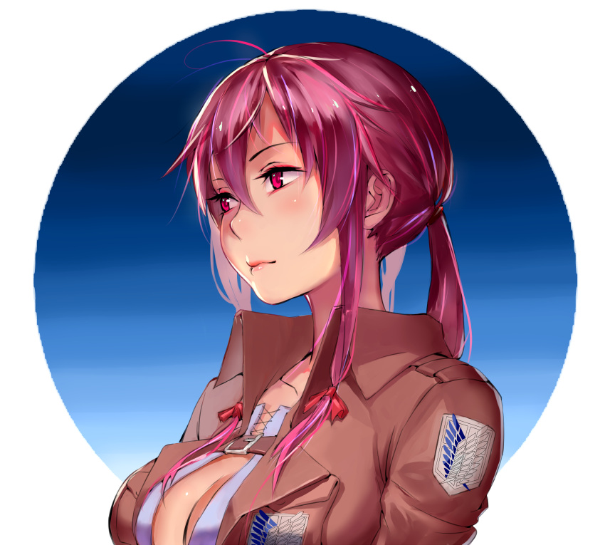 1girl absurdres belt bow breasts brown_jacket buttons cleavage collarbone eyelashes gasai_yuno hair_between_eyes hair_ribbon hair_tie highres jacket large_breasts long_hair long_sleeves low_twintails mirai_nikki open_clothes open_jacket pauld pink_bow pink_eyes pink_hair pink_lips pink_ribbon pocket ribbon shingeki_no_kyojin sidelocks smile solo strap tress_ribbon twintails upper_body wing_print