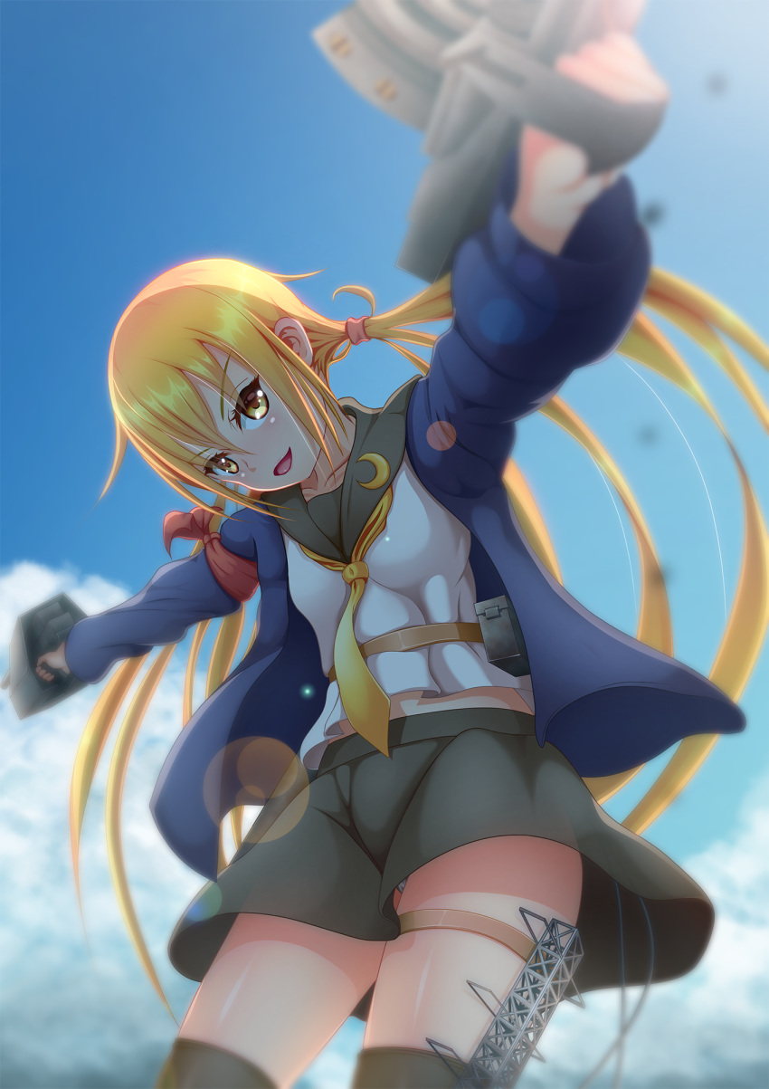 1girl armband black_legwear black_skirt blonde_hair blue_jacket clouds collarbone crescent crescent_moon_pin dual_wielding eyebrows eyebrows_visible_through_hair from_below highres jacket kantai_collection lens_flare light_smile long_hair looking_at_viewer low_twintails neckerchief open_mouth outdoors outstretched_arms panties pantyshot pantyshot_(standing) remodel_(kantai_collection) rumachi satsuki_(kantai_collection) school_uniform serafuku skirt sky solo standing thigh-highs thigh_strap twintails underwear very_long_hair white_panties yellow_eyes zettai_ryouiki