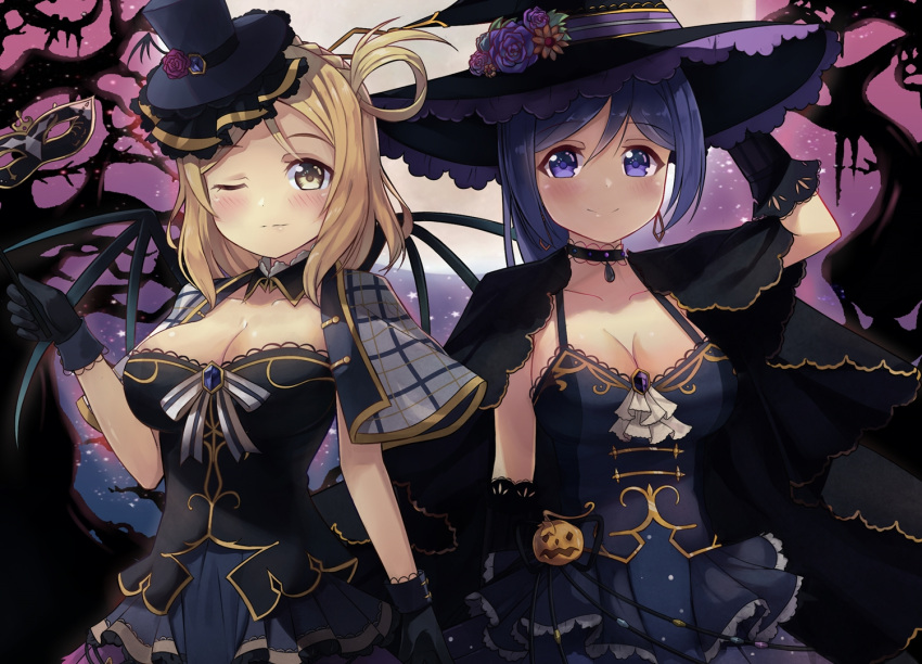 2girls ascot black_gloves blonde_hair blue_hair braid breasts capelet choker cleavage crown_braid detached_collar domino_mask dress earrings elbow_gloves flower gem gloves hair_rings halloween hat hat_flower jack-o'-lantern jewelry large_breasts looking_at_viewer love_live! love_live!_school_idol_festival love_live!_sunshine!! mask mask_removed matsuura_kanan moon motokonut multiple_girls neck_ribbon night ohara_mari one_eye_closed ribbon smile top_hat violet_eyes wings witch witch_hat