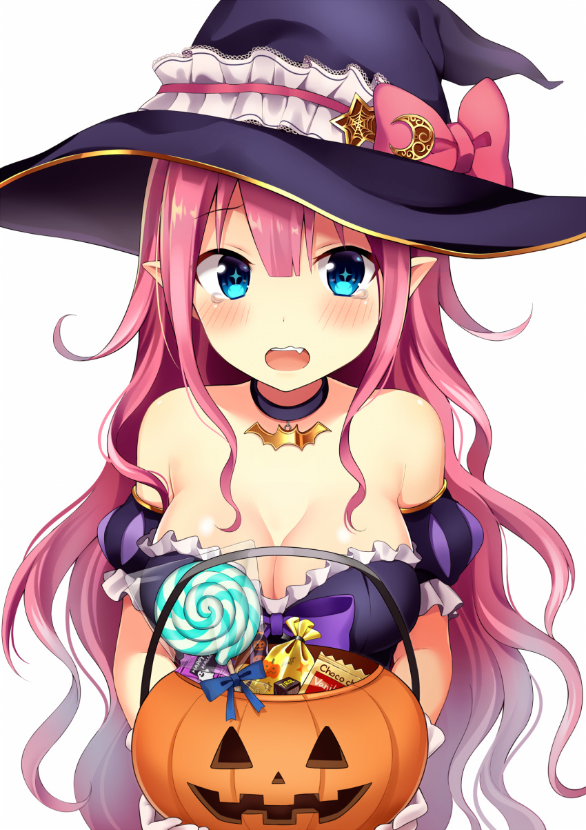 1girl bare_shoulders blue_eyes blush breasts candy choker cleavage fang halloween halloween_costume hat highres jack-o'-lantern large_breasts long_hair looking_at_viewer open_mouth original pink_hair pointy_ears pumpkin simple_background solo sparkling_eyes tears white_background witch_hat yuusa